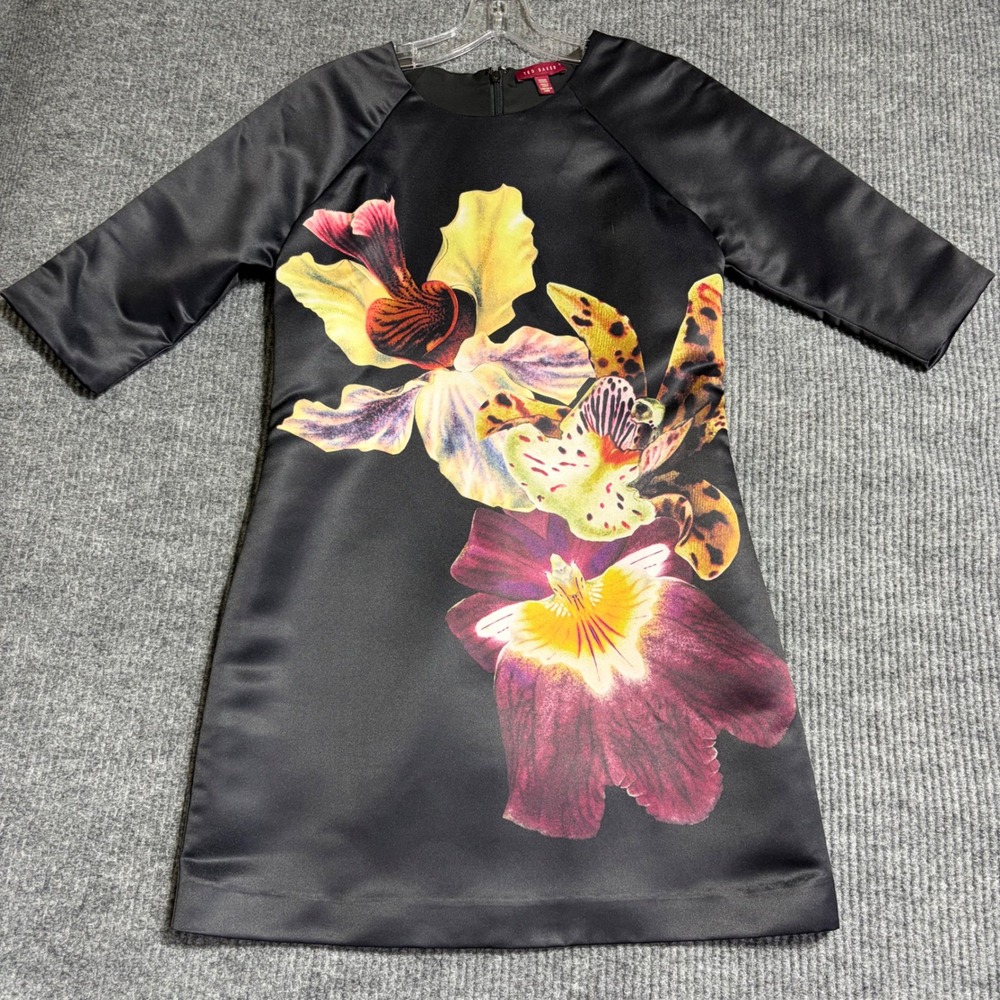 Ted Baker Black Satin Floral Orchid Leopard Print 3/4 Sleeve Shift Dress Size 3 - Picture 1 of 8